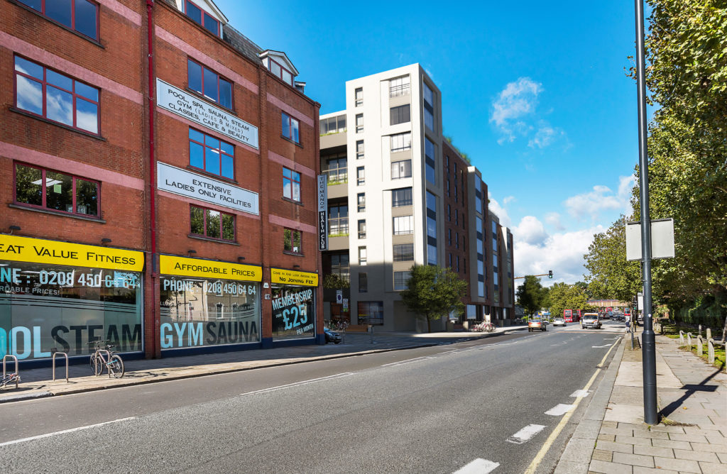 The view along Cricklewood Broadway, with the existing five-storey gym on the left, then the nine-storey corner of the proposed Stoll Square development.